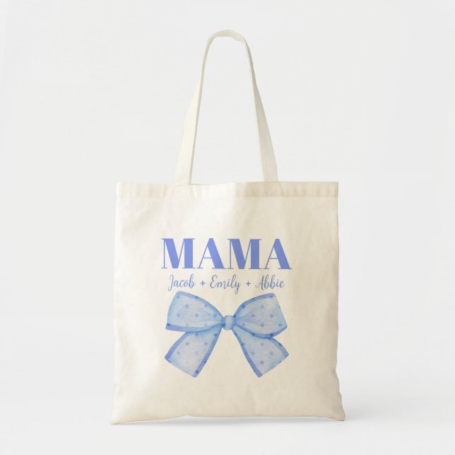 Custom Kids Names Blue Coquette Mama Mother's Day Tote Bag (Front)