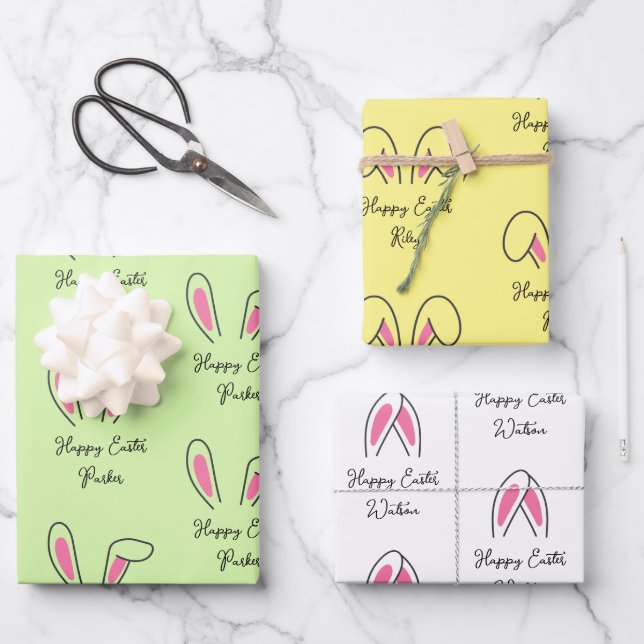 Custom Kid's Names Easter Bunny Ears Wrapping Paper Sheet (Front)