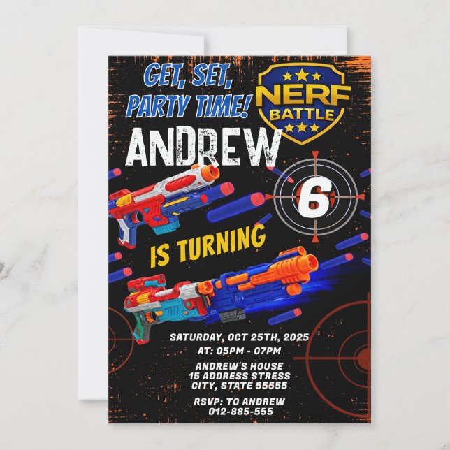 Custom Kids Nerf Birthday Invitation (Front)