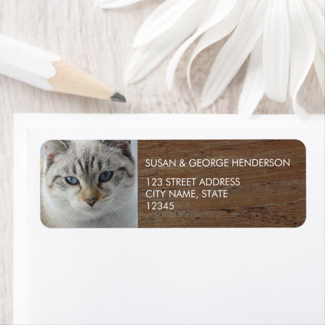 Custom kids pets photo wood family return address label (Insitu)
