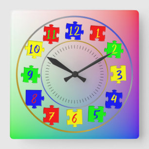 Custom Kid's Photos, Color Jigsaw Pieces, Numbers Square Wall Clock