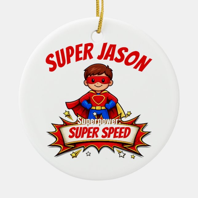 Custom Kids Superhero Name Ceramic Ornament (Front)