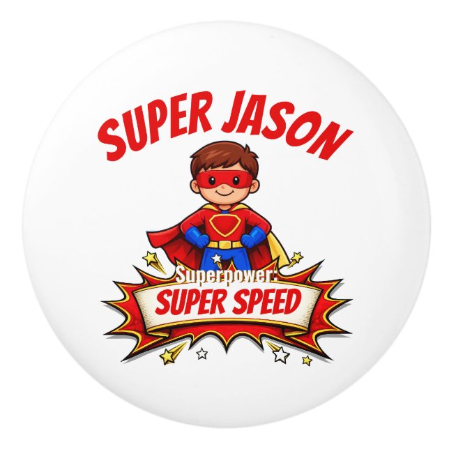 Custom Kids Superhero Name & Superpower Ceramic Knob (Front)
