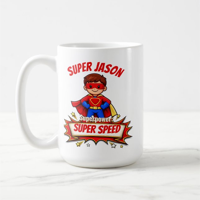 Custom Kids Superhero Name & Superpower Coffee Mug (Left)
