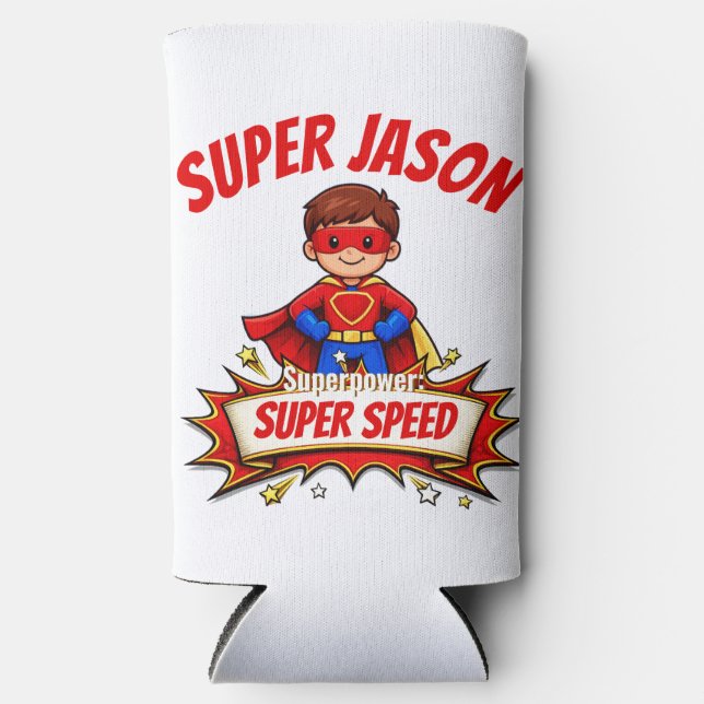 Custom Kids Superhero NameCustom-Cut Vinyl Sticker Seltzer Can Cooler (Front)