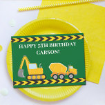 Custom Kids Trucks Green Boys Happy Birthday Card<br><div class="desc">Cool custom construction excavator and cement concrete mixer happy birthday card for a boy who loves yellow construction vehicles in black and yellow. Fun green vehicle card for kids who love cars and dump trucks. Customise with your kid's name under the black and yellow caution tape with a personalised happy...</div>