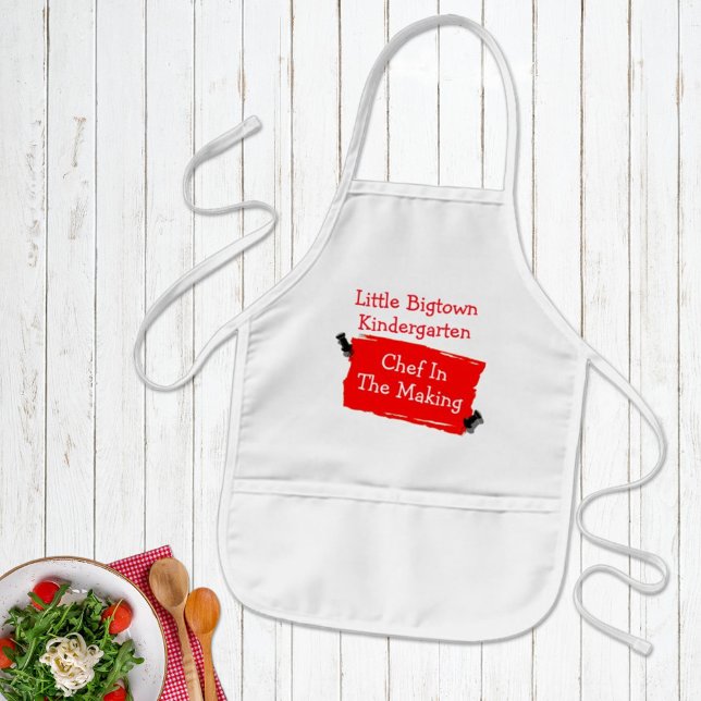 Custom Kindergarten Chef Red Scrap Paper Pins Art Kids Apron (Fun for the kids and clean clothes too. This apron design is easy to personalize for a gift.)