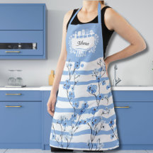 Custom Kitchen-Themed Name Blue Blossoms Striped