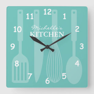 Custom kitchen wall clock with cooking utensils