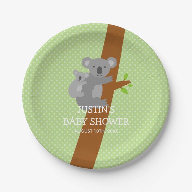 Custom koala bear polka dots baby shower plates (Front)
