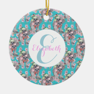 Custom Koala Christmas Botanical Vintage Blue Ceramic Ornament