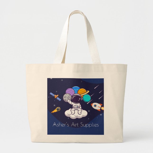Custom Label & Cute Space Astronaut Large Tote Bag (Front)