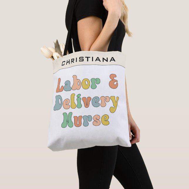 Custom Labour and Delivery Nurse Groovy Retro Tote Bag (Close Up)