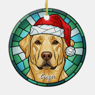Custom Labrador Dog Santa Hat Stained Glass Ceramic Ornament