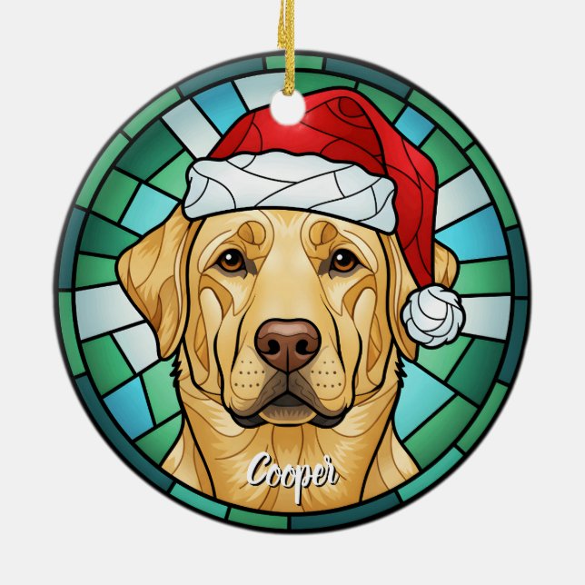 Custom Labrador Dog Santa Hat Stained Glass  Ceramic Ornament (Back)