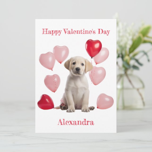 Custom Labrador Puppy with Heart Balloon Valentine Holiday Card (Standing Front)
