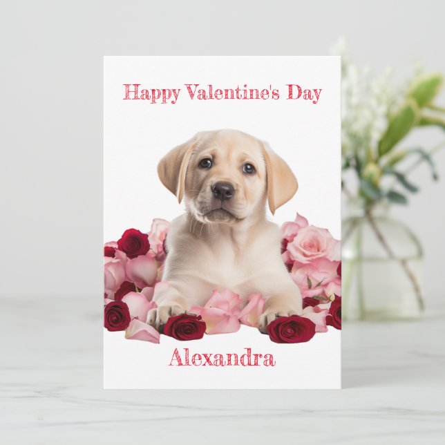 Custom Labrador Puppy with Pink Rose Valentine Holiday Card (Standing Front)