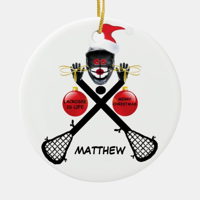 Custom Lacrosse Christmas Ceramic Tree Decoration (Front)