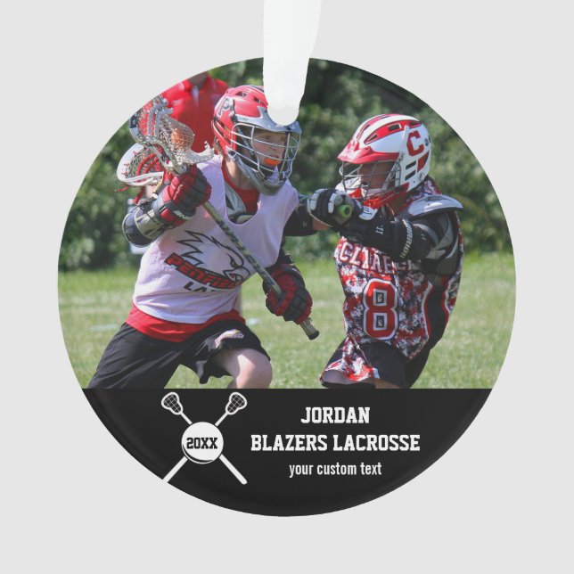 Custom Lacrosse Photo Collage Team Player Name Ornament (Front)