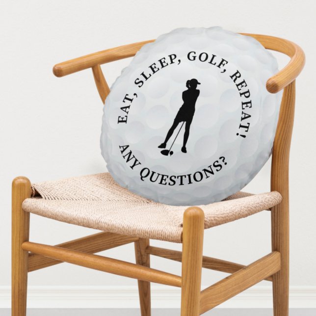 Custom Lady Golfer Silhouette Cute Golf Ball Black Round Cushion (Creator Uploaded)