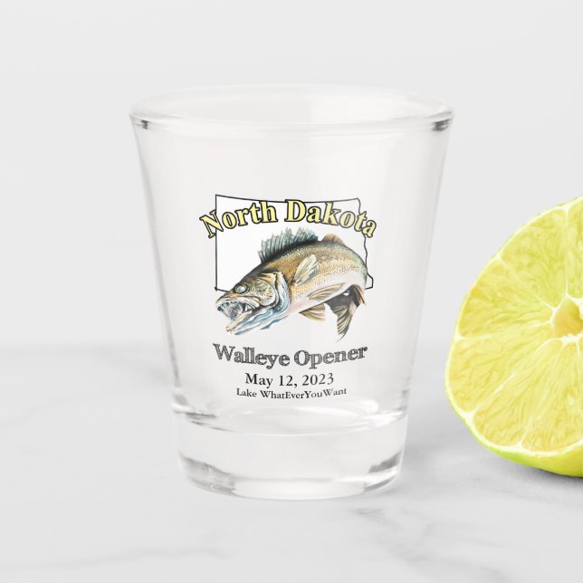  Custom Lake and Date North Dakota Walleye Opener Shot Glass (Front)