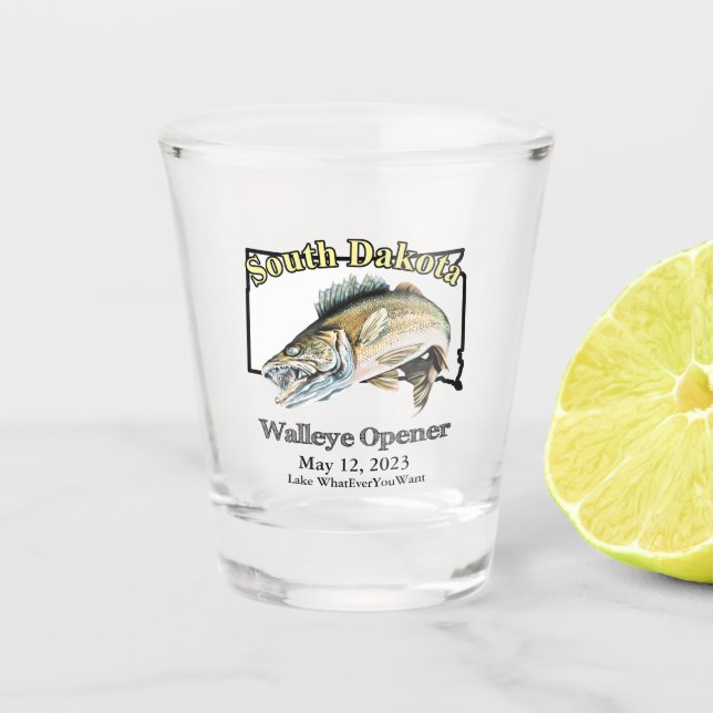  Custom Lake and Date South Dakota Walleye Opener Shot Glass (Front)
