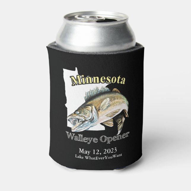 Custom Lake/Date Minnesota Walleye Opener Dark Can Cooler (Can Back)