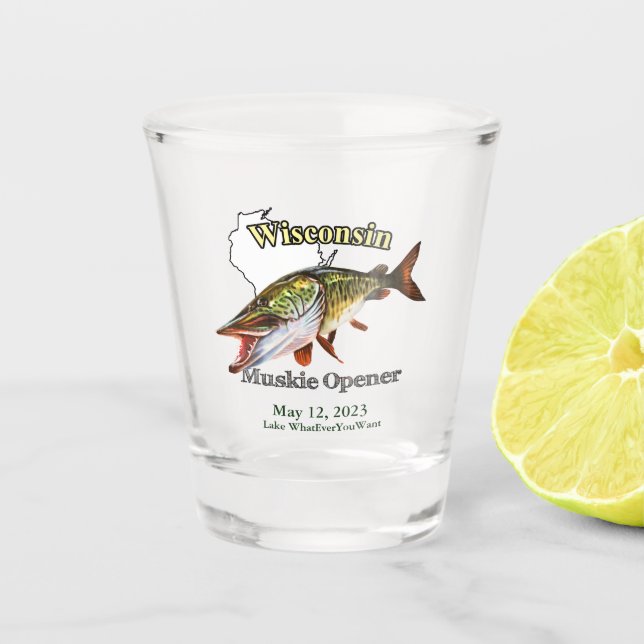 Custom Lake/Date Wisconsin Muskie Opener Shot Glass (Front)