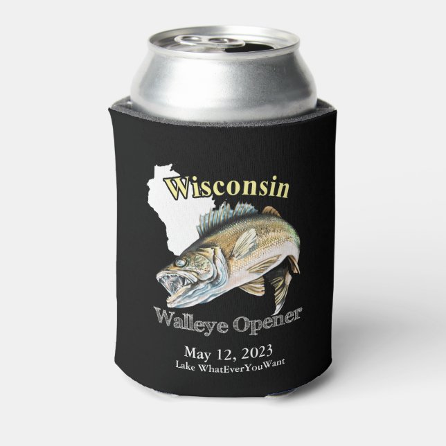 Custom Lake/Date Wisconsin Walleye Opener Dark Can Cooler (Can Back)