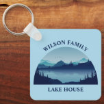 Custom Lake House Family Home Blue Key Ring<br><div class="desc">This cool custom lake house keychain features a serene blue river surrounded by trees and your personalised text for a family reunion,  camping trip,  or summer vacation home rental. Customise with your last name or other group name.</div>