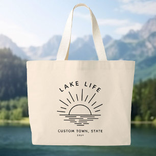 Custom Lake Life Sunset Minimalist Modern Boho Large Tote Bag