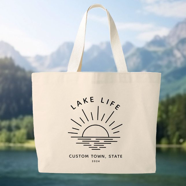 Custom Lake Life Sunset Minimalist Modern Boho Large Tote Bag (Lake Life Boho vibes!)