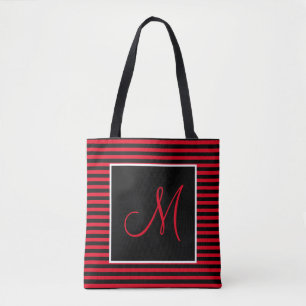 Custom Large Initial Red and Black Striped  Tote Bag