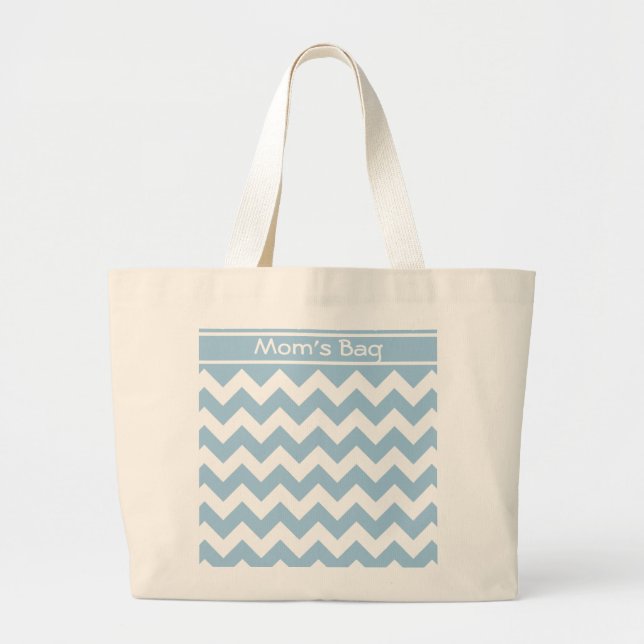 Custom Large Tote Bag, Blue and White Chevrons (Front)