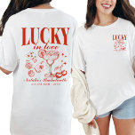 Custom Las Vegas Bachelorette Party Personalised T-Shirt<br><div class="desc">Celebrate your Las Vegas bachelorette extravaganza with our "Lucky in Love" Custom Las Vegas Bachelorette Party Personalised T-Shirt, featuring dynamic front and back prints that capture the essence of your retro casino bach trip. Perfect for adding flair to your group's attire, this shirt is adorned with playful elements like poker...</div>