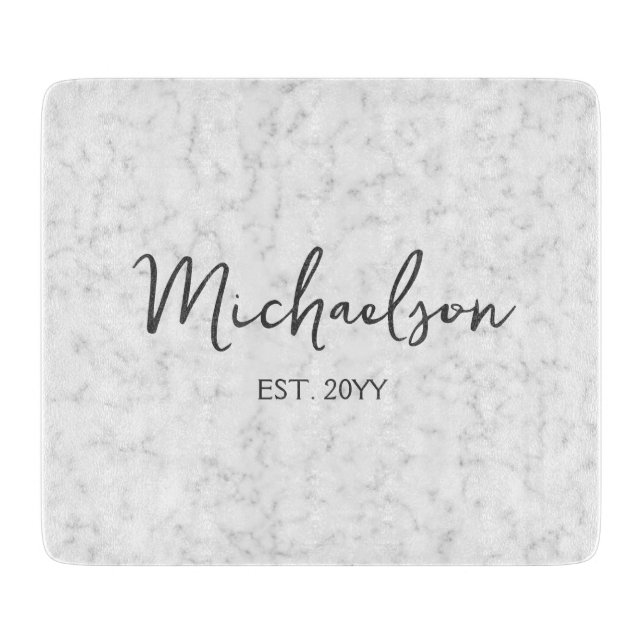 Custom Last Name Marble Print Glass Cutting Board (Front)