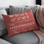 Custom Latitude Longitude Family Name Home Address Decorative Cushion<br><div class="desc">Latitude Longitude Home Decor. A unique way to showcase the location of your home. Customise it with any background colour. Perfect gift for Housewarming. To find latitude and longitude of your home,  please copy and paste this link to your browser and follow the instructions. https://support.google.com/maps/answer/18539?hl=en</div>