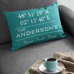 Custom Latitude Longitude Family Name Home Address Decorative Cushion<br><div class="desc">Latitude Longitude Home Decor. A unique way to showcase the location of your home. Customize it with any background color. Perfect gift for Housewarming. To find latitude and longitude of your home,  please copy and paste this link to your browser and follow the instructions. https://support.google.com/maps/answer/18539?hl=en</div>