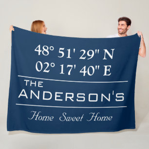 Custom Latitude Longitude Family Name Home Address Fleece Blanket