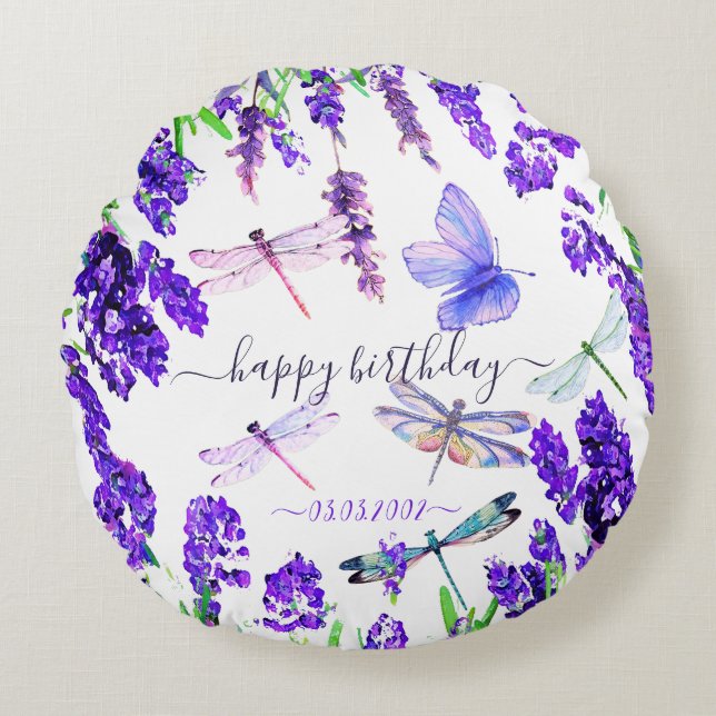 Custom Lavender Dragonfly Shabby Chic Boho Style Round Cushion (Front)