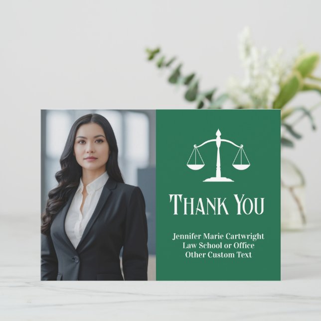 Custom Law Office Green White Lawyer Photo Thank You Card (Standing Front)