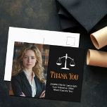 Custom Law School Black Orange Lawyer Thank You Postcard<br><div class="desc">Elegant black and orange lawyer thank you postcards with the scales of justice next to your graduation or office photo. Customise these law school postcards of thanks with chic white script next to your attorney photograph.</div>