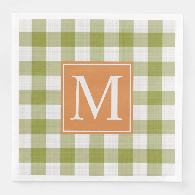 Custom Leaves Green Pumpkin Orange Gingham Pattern Napkin (Front)