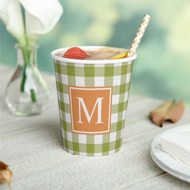 Custom Leaves Green Pumpkin Orange Gingham Pattern Paper Cups (Insitu)