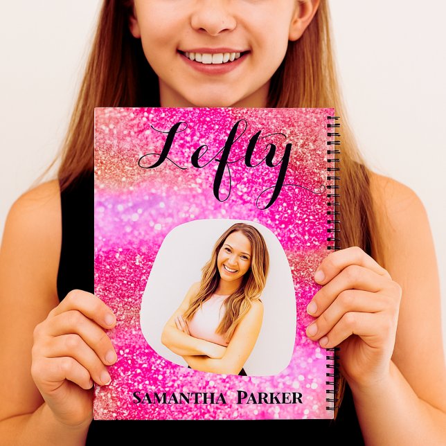 Custom Left-Handed Pink Glitter Sparkle Name Photo Notebook (Creator Uploaded)