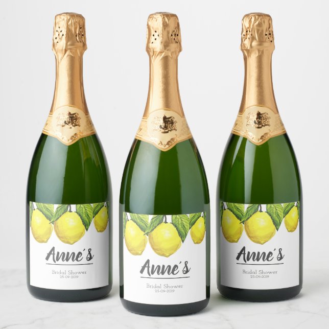 Custom Lemon Bridal Shower Theme Watercolor Sparkling Wine Label (Bottles)