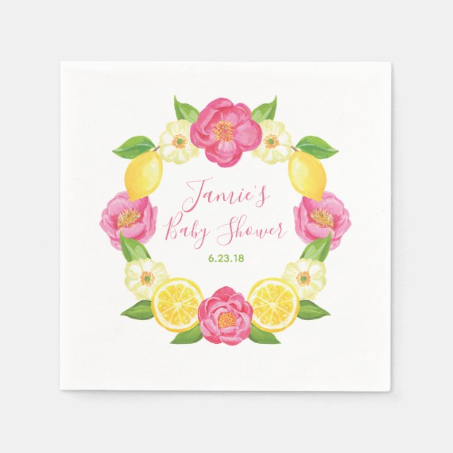 Custom Lemon Citrus Floral Rose Baby Shower Party Napkin (Front)