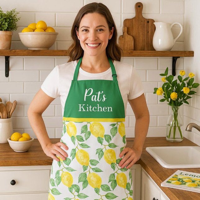 Custom Lemon & Green Leaves Kitchen Apron ( Fresh lemon-pattern apron with a customizable top—perfect for cooking, gifting, and everyday use)