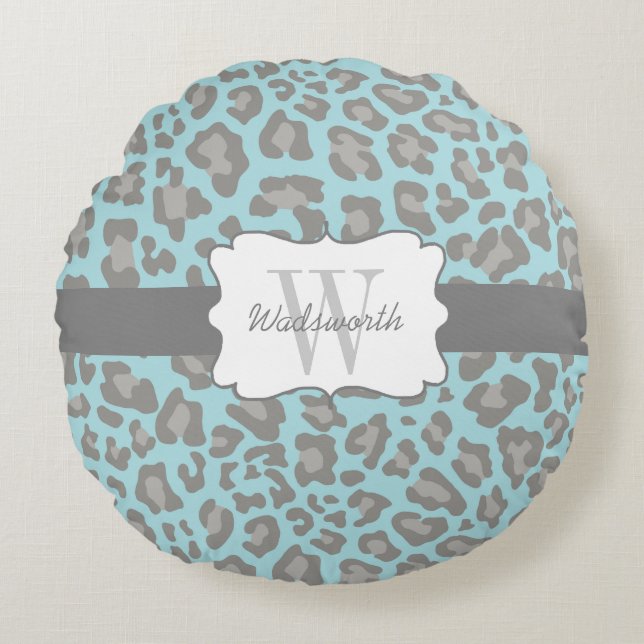 Custom Leopard Print Blue and Grey Round Pillow (Front)