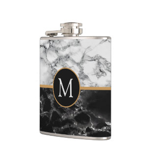 Custom letter Black White Marble Flask Gift